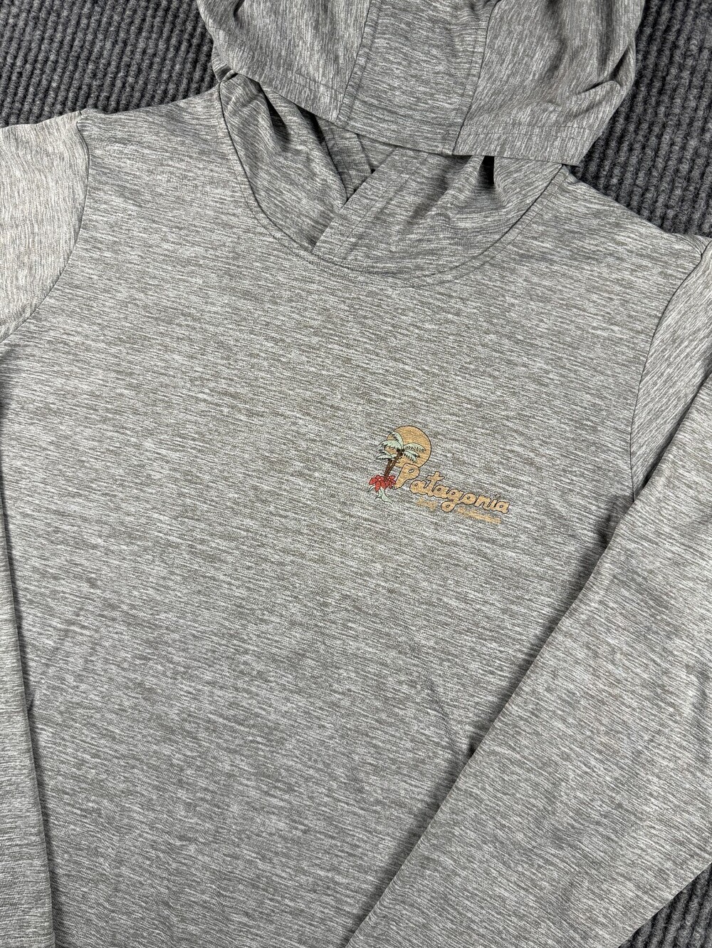 Patagonia Capilene Cool Hoodie Womens M Heathered Gray Stretch Surf Graphic